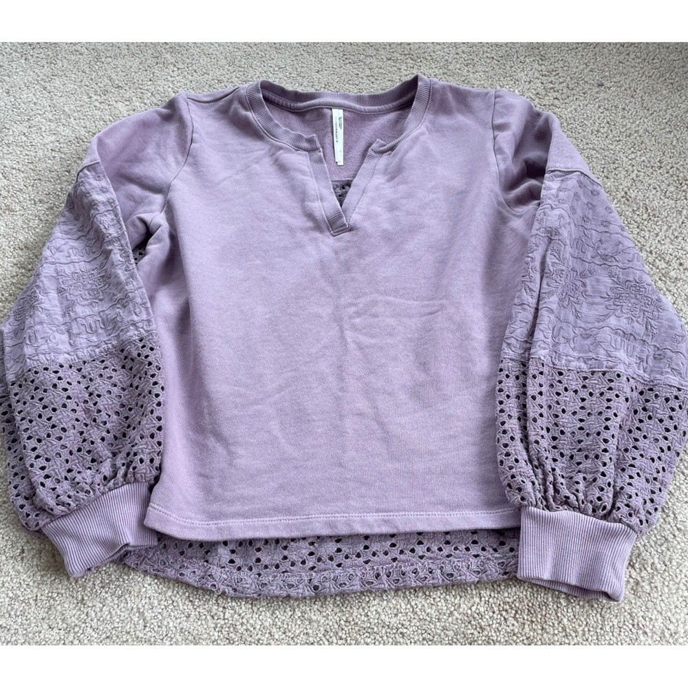Anthropologie Lavender Purple Eyelet Lace Embroidered Sweatshirt Top Small
